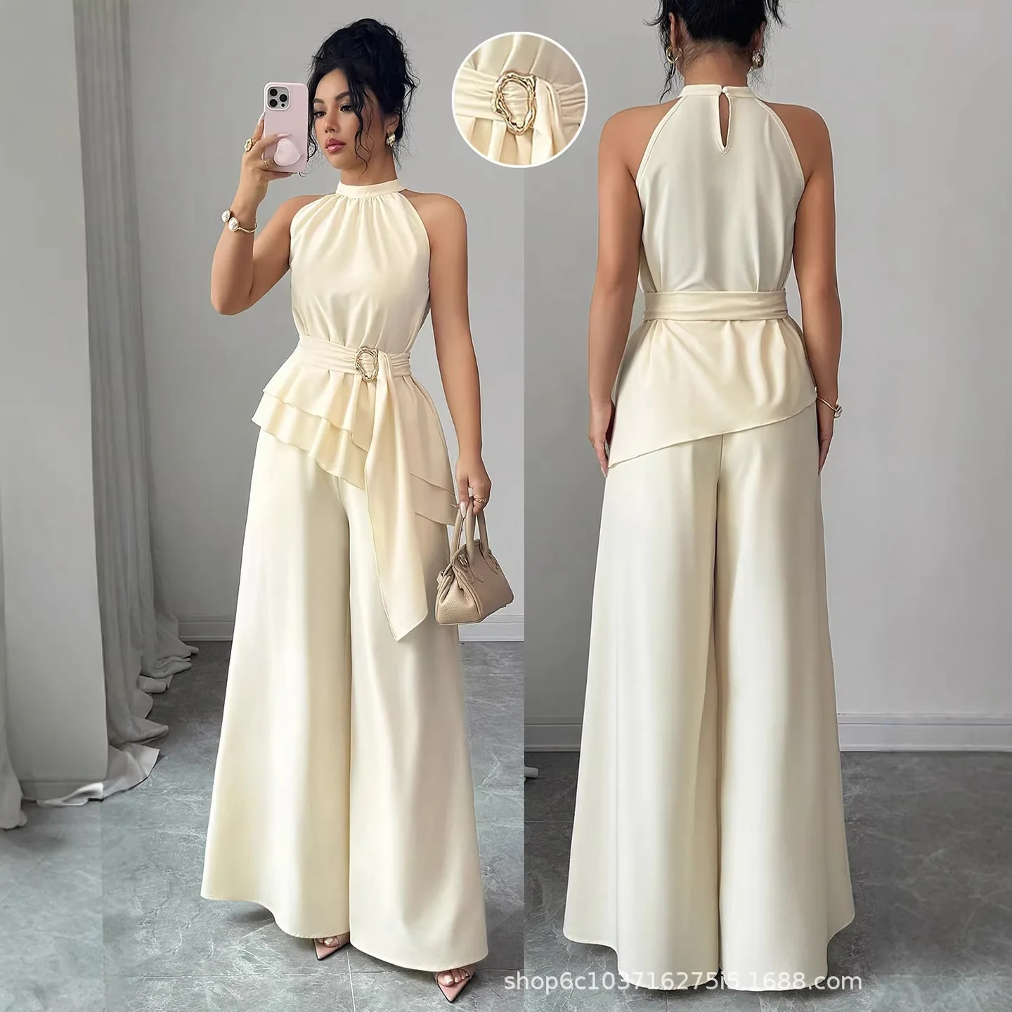 

Women's Two-piece Halter-neck Irregular Top Wide-leg Trousers 2026 Summer New Style Fashion And Elegant Lace-up Solid Color Suit