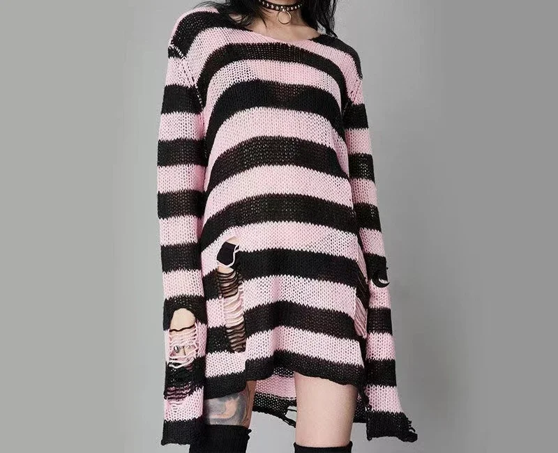 TKNOLEGE Sweaters Punk Gothic Cool Sexy Hollow Out Striped Long Hole Broken Jumpers Over Size Loose Rock Dark Pullovers Sweaters