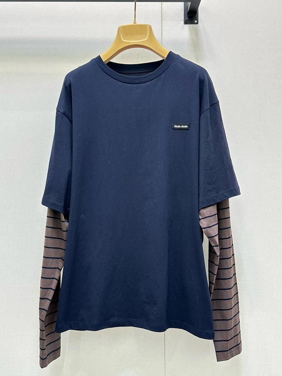 

Ymiu Pure Cotton Long Sve round Ne T-irt Patchwork Mo Two-Piece Micro Logo Loose Top Women Autumn Comfortable Breath...