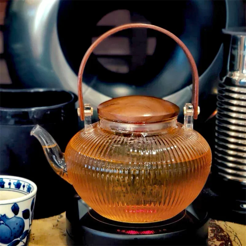 800ml Vertical stripes Wooden Beam Glass Teapot With Tea Infsuer  Boiling Puer Oolong Kung Fu Tea Set Health Flower Tea Maker