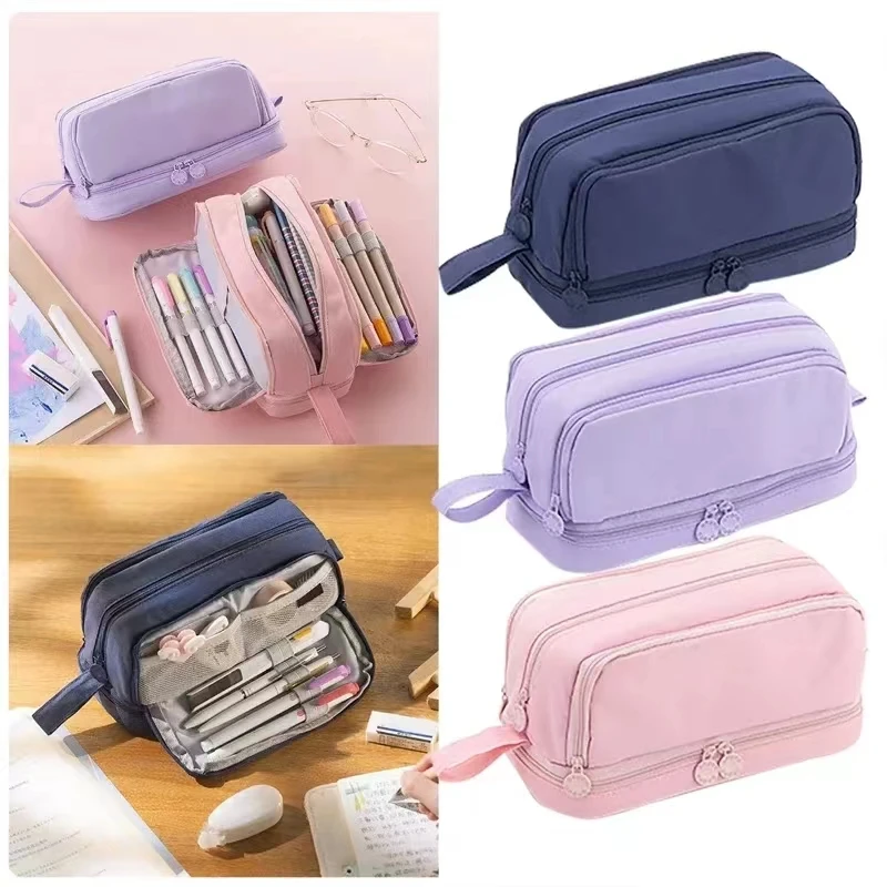 

Angoo 4 Partitions Pencil Bag Pen Case Large Capacity Easy Handle Storage Pouch for Stationery School Student