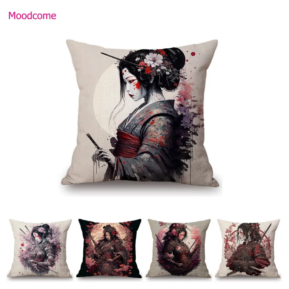 Japanese Geisha Samurai Sakura Spirit Art  Home Decorative Sofa Throw Pillow Case Oriental Cultural Exotic Car Cushion Cover