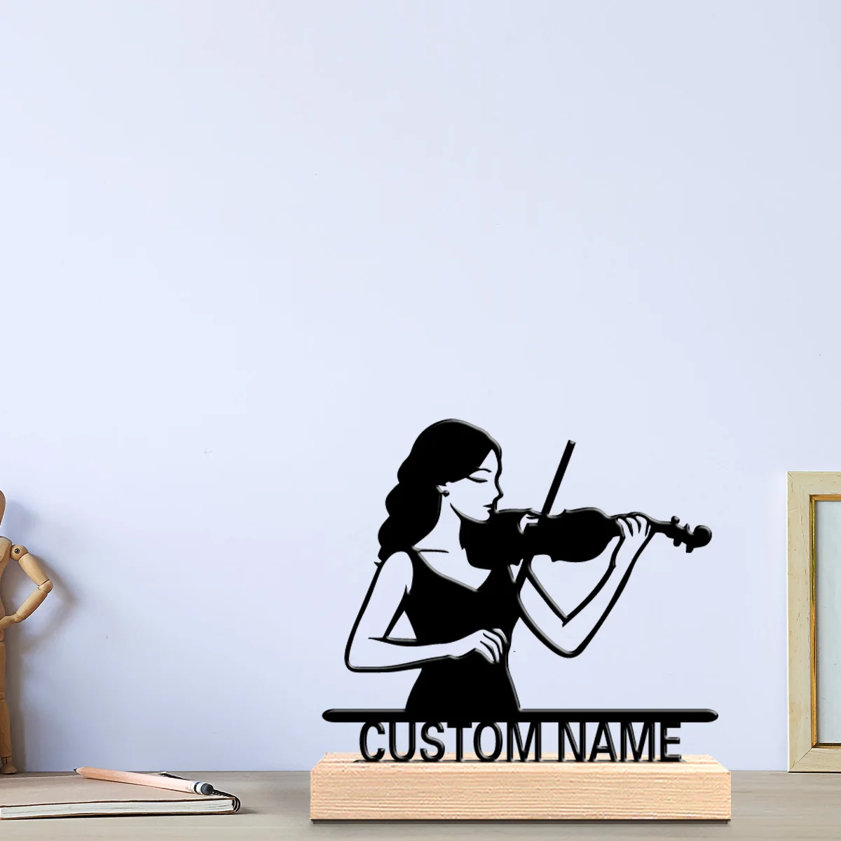 1pc Minimalist violin Custom Text Tin Statue Metal Ornament Art Figurine With Wood Base Metal Statue For Home Desk Decor