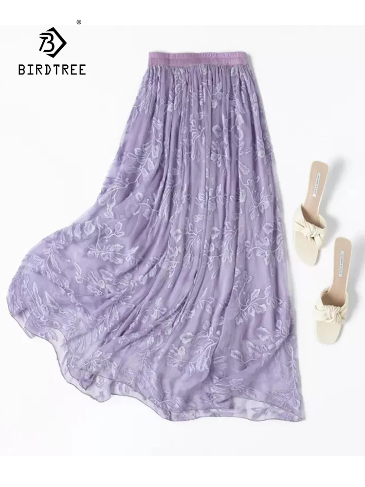 

Birdtree, 100%Real Silk Elegant Skirts, Women Elastic Waist Embroidery, Loose Casual Sweet A-Line Skirt, 2024 Summer B461103QC