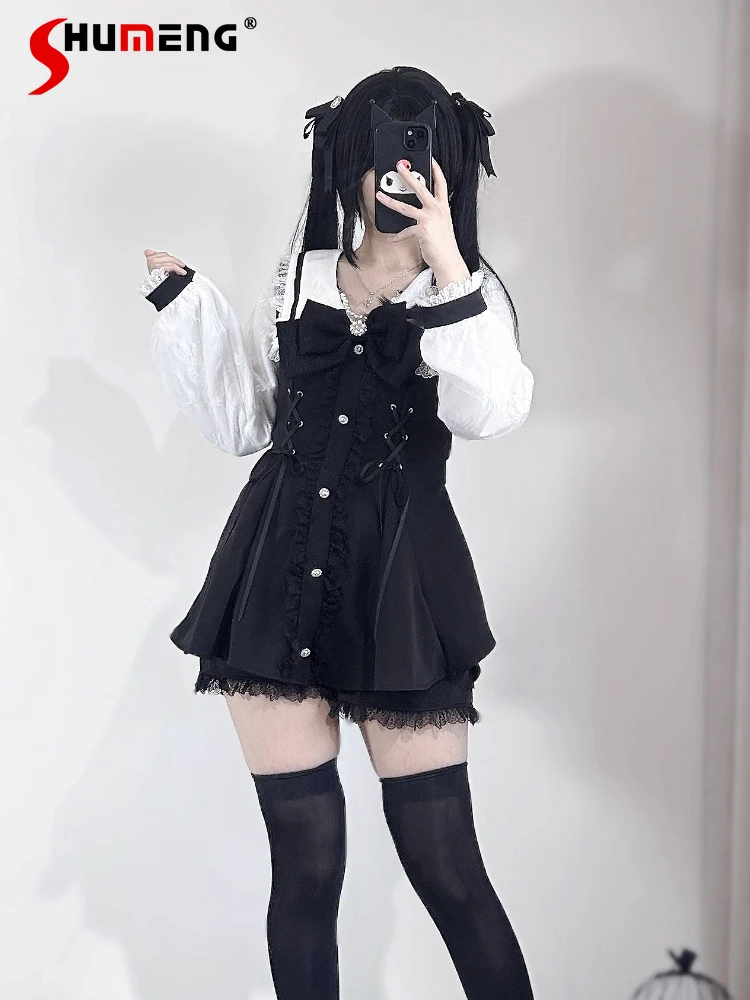 

Japanese Subculture Lolita Dress Set Bow Lace Navy Collar Long Sleeve Lace-up Tops High Waist Shorts Two-Piece Sets Women Autumn