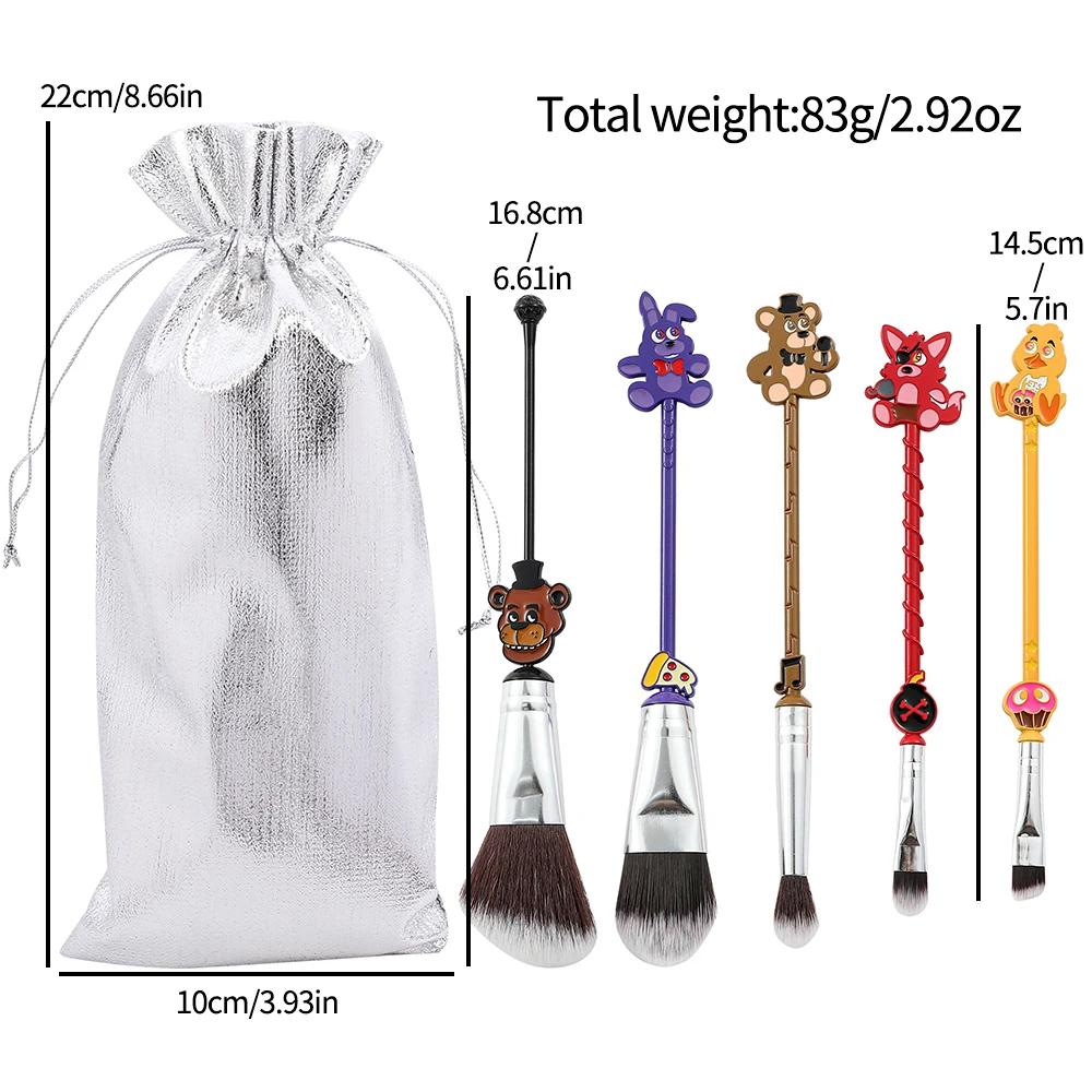 여성용 5 박 프레디 만화 메이크업 브러쉬, 부드럽고 푹신한 아이섀도우 하이라이터, 컨투어 블러쉬 메이크업 도구, 가방 포함, 5 개