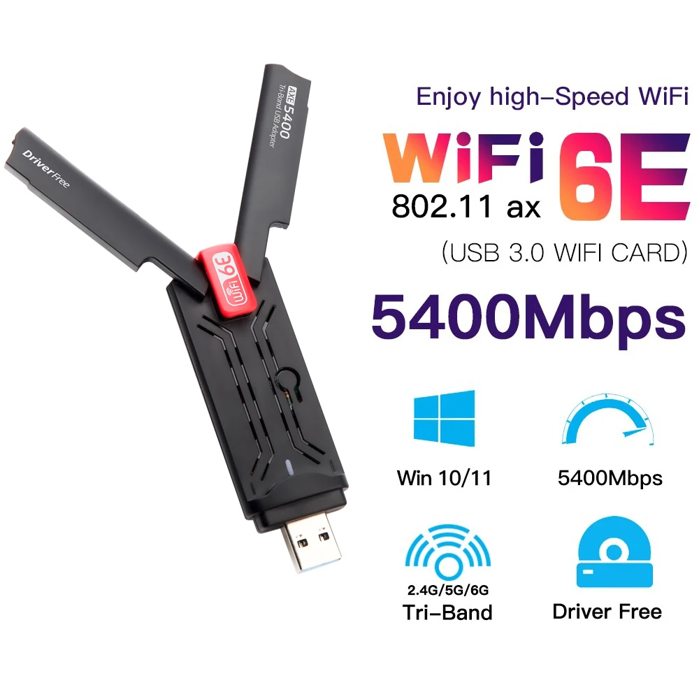 AX5400 WiFi 6E USB Adapter Dongle Tri Band 2.4G/5G/6GHz USB3.0 WiFi 6 Network Card Antenna For Laptop Win10/11 Driver Free