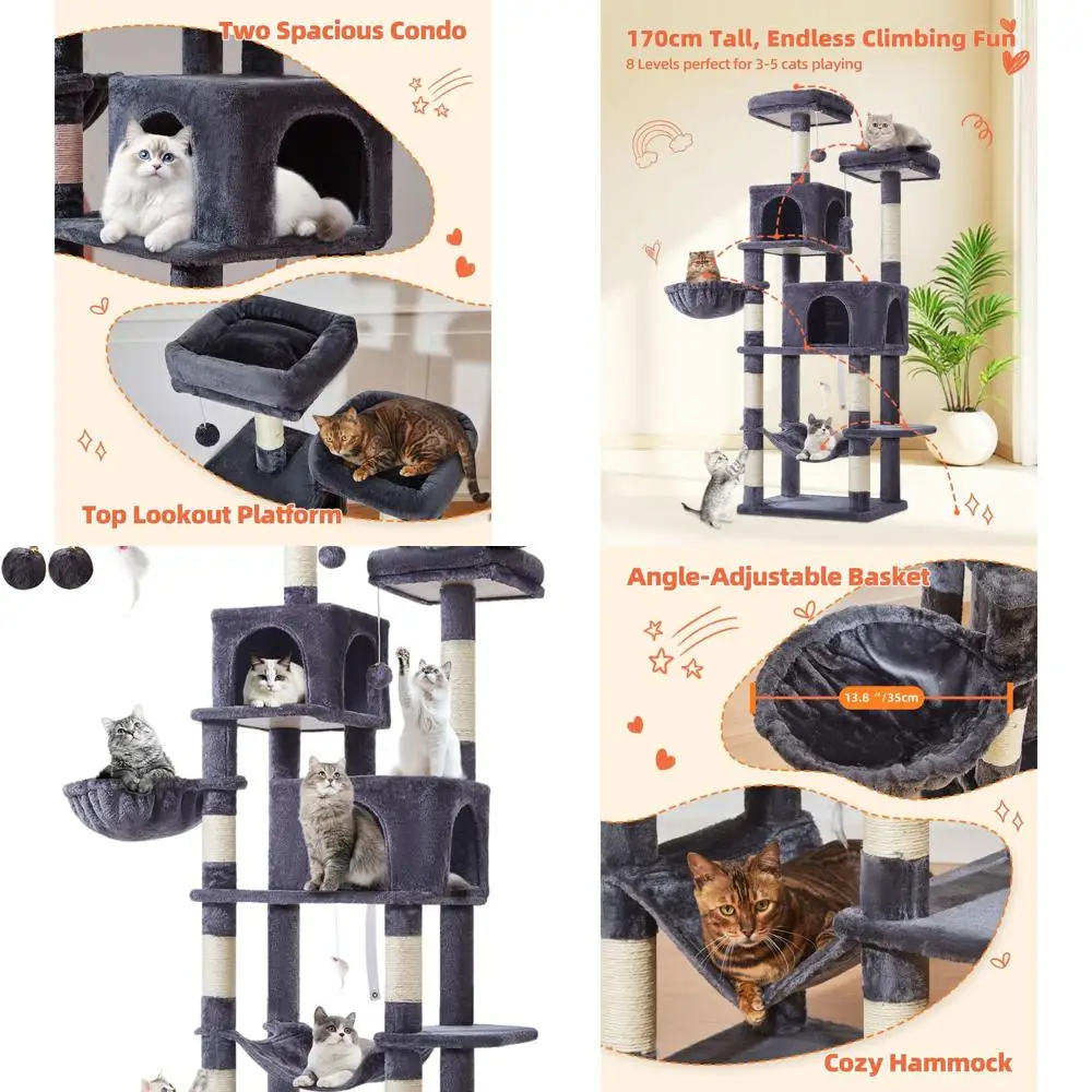 

66.2 Крытая кошачья елка с 7 когтеточками, 2 насестами, 2 петельками, гамак, помпонами, дымчато-серый