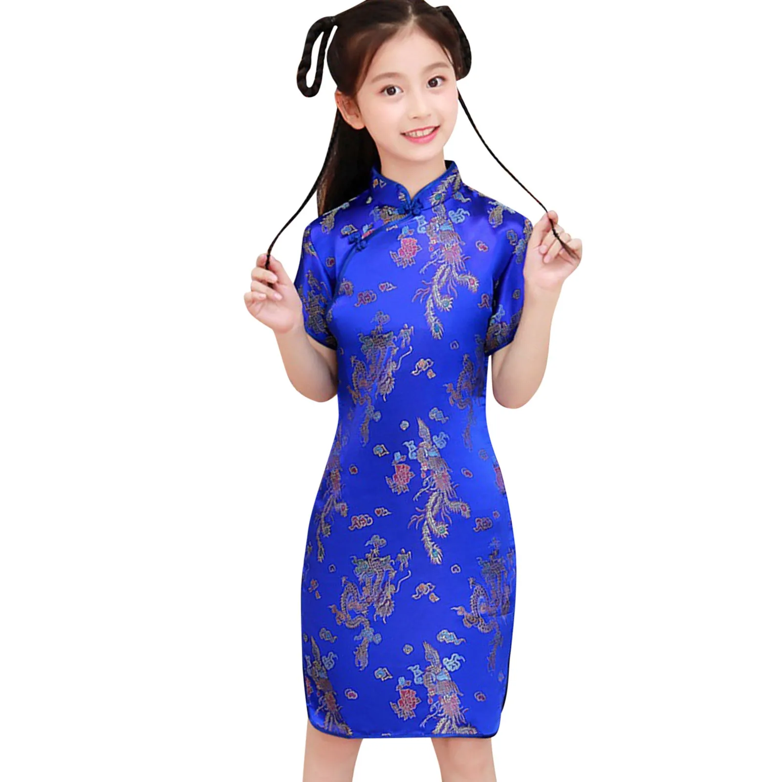 Chinese Traditional Dress Summer Short Sleeve Girl Vintage Mandarin Collar Cheongsam Vestidos New Year Gift Dragon Qipao Blue