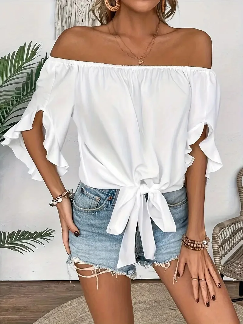 Summer One Shoulder Short Sleeved Tops for Women Solid Color Ruffle Sleeve T-Shirt Ladies Casaul Elegant Top Bow Tie Club Party