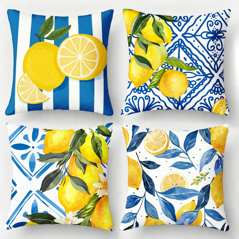 4Pcs, Blue Striped Lemon Pillow Covers, Single-Sided, Zipper Closure, Washable Polyester - Perfect for Sofa, Living Room, Bedroom Decor, Decorative Pillows.