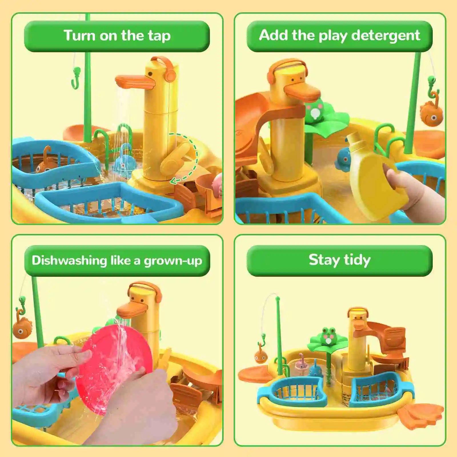 Lavello da gioco con acqua corrente Taglio cibo 2 in 1 Gioco di ruolo Lavello da cucina Giocattoli Piscina Gioco di pesca galleggiante per i più piccoli Bambini Giallo