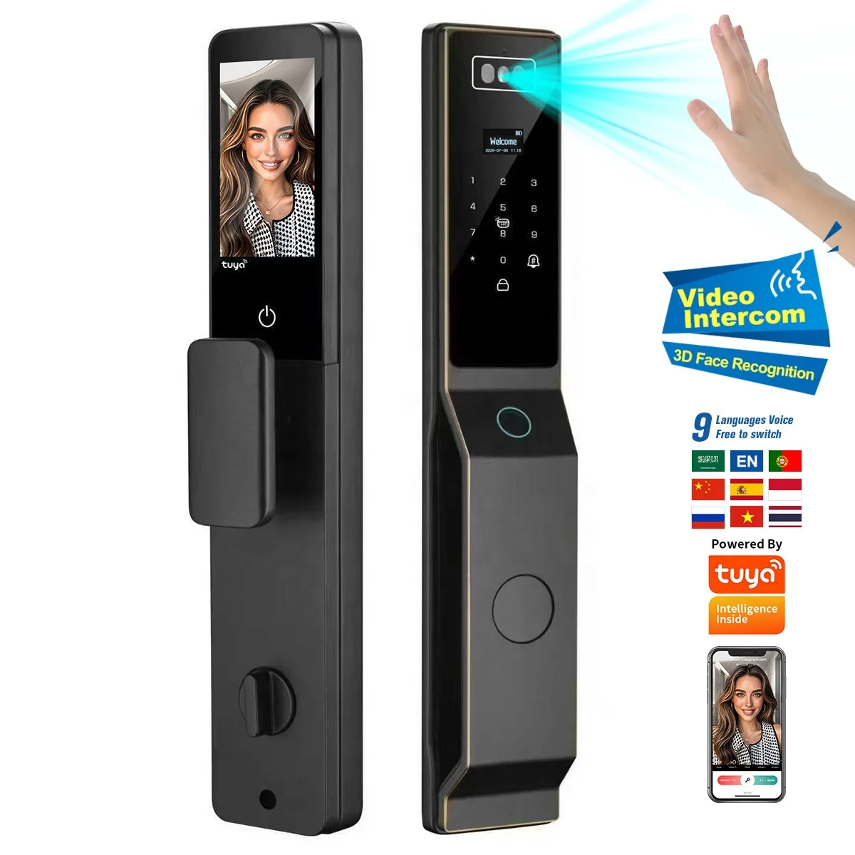 Electric Digital Biometric Smart Door Lock, 3D Face & Fingerprint Recognition, Tuya App Supported
