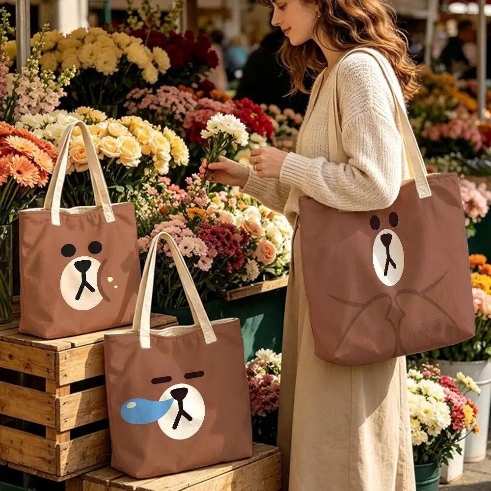 L-Lines F-Friends Brown Bear Large Storage Tote Bag Linen Blend Cotton Shoulder Handbag Reusable Eco‑Friendly Daily Bag