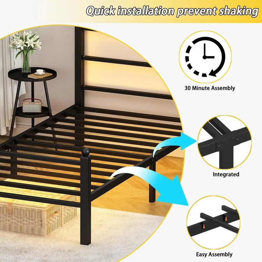 إطارات سرير مع لوح أمامي ولوح للقدمين، إطار سرير بمنصة معدنية سوداء مع أضواء LED RGB ومحطة شحن USB، تحت السرير St #6