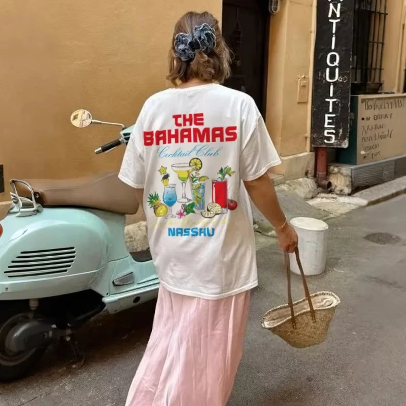 

Негабаритная футболка Bahamas для коктейльного клуба, эстетическая прибрежная пляжная футболка в стиле ретро, футболка для коктейлей, женский топ для летних каникул