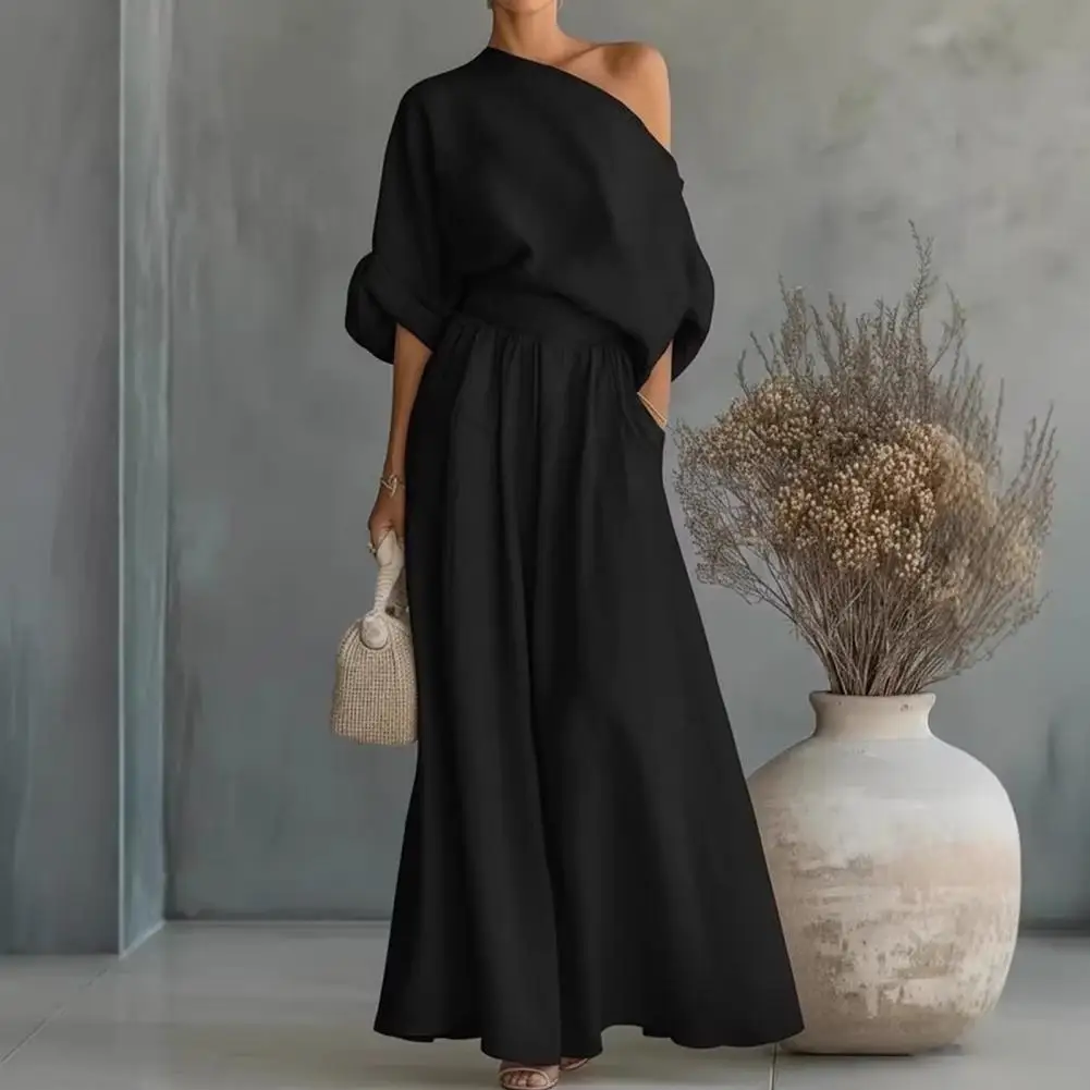 Women Blouse Pants Set Elegant European And American Waist Cinched Sloping Shoulder Top And Pants Two-piece Set Summer Outfit view 3