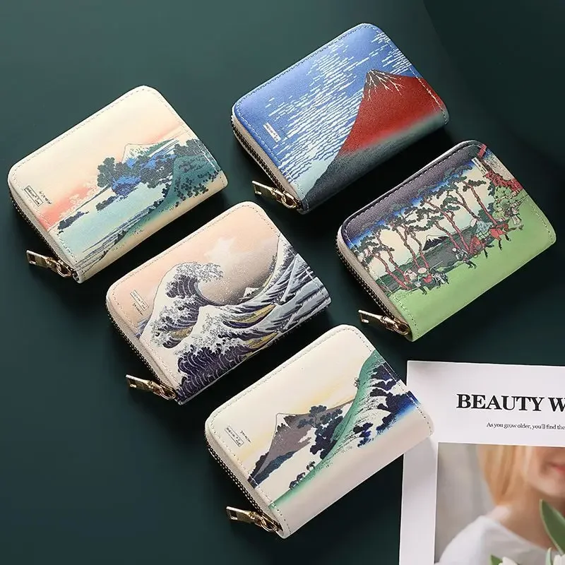 

High Quality Leather Card Bag Small Purse Japan Ukiyo-e Art Pattern Women's Wallet Men Large Capacity Card Holder Zip Coin Purse