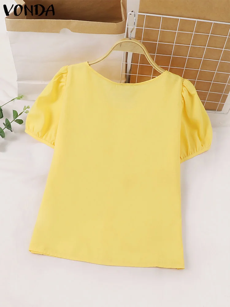 VONDA Women Elegant Shirts 2024 Summer Casual Short Sleeve Blouses Buttons Solid Color Pleated Tunic Tops Loose Blusas Femininas