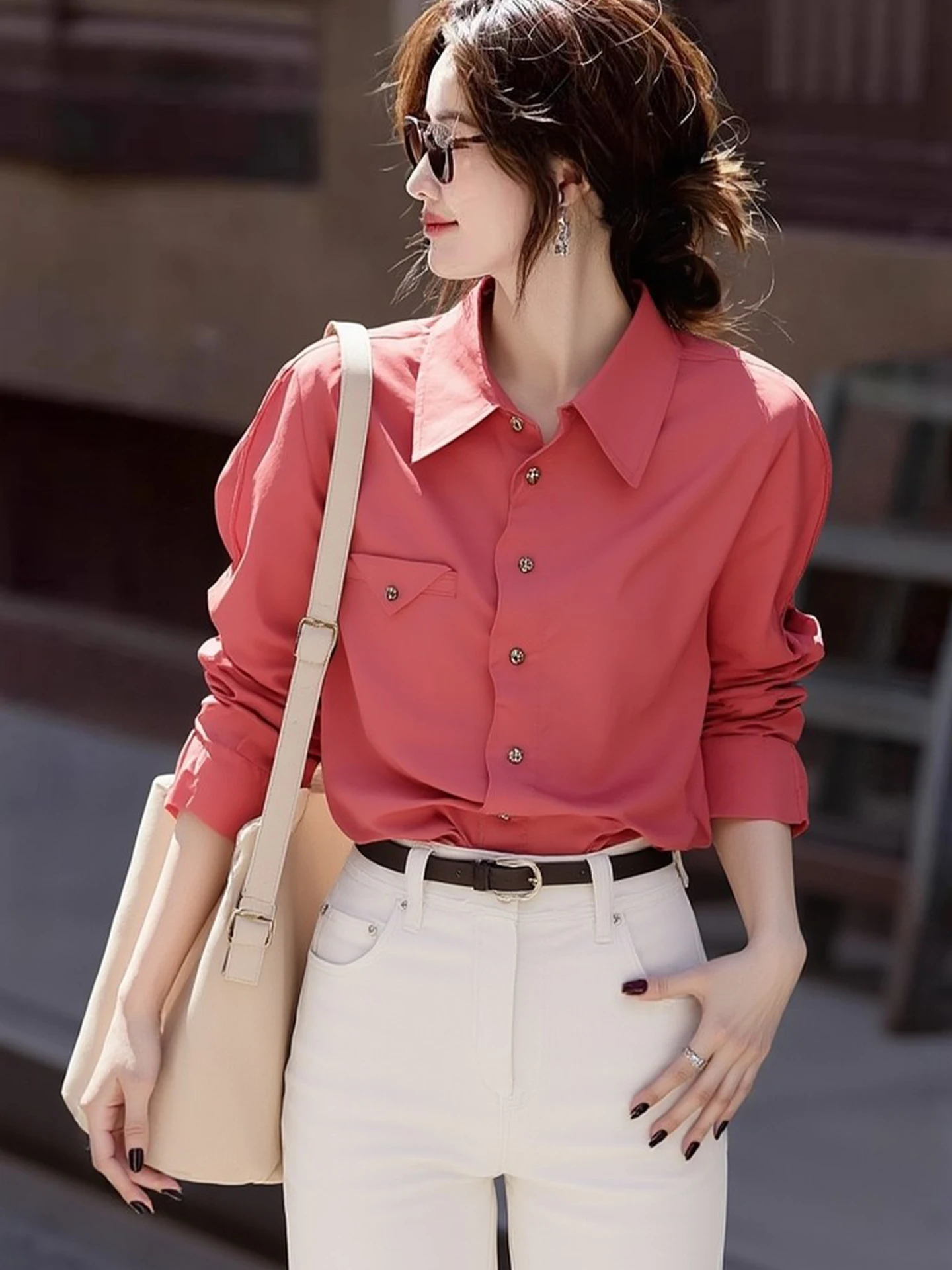 

Elegant White Long Sleeve Shawl Collar Cardigan Spring 2026 Chiffon Shirt Stylish Simple Design Commute Style Korean Version