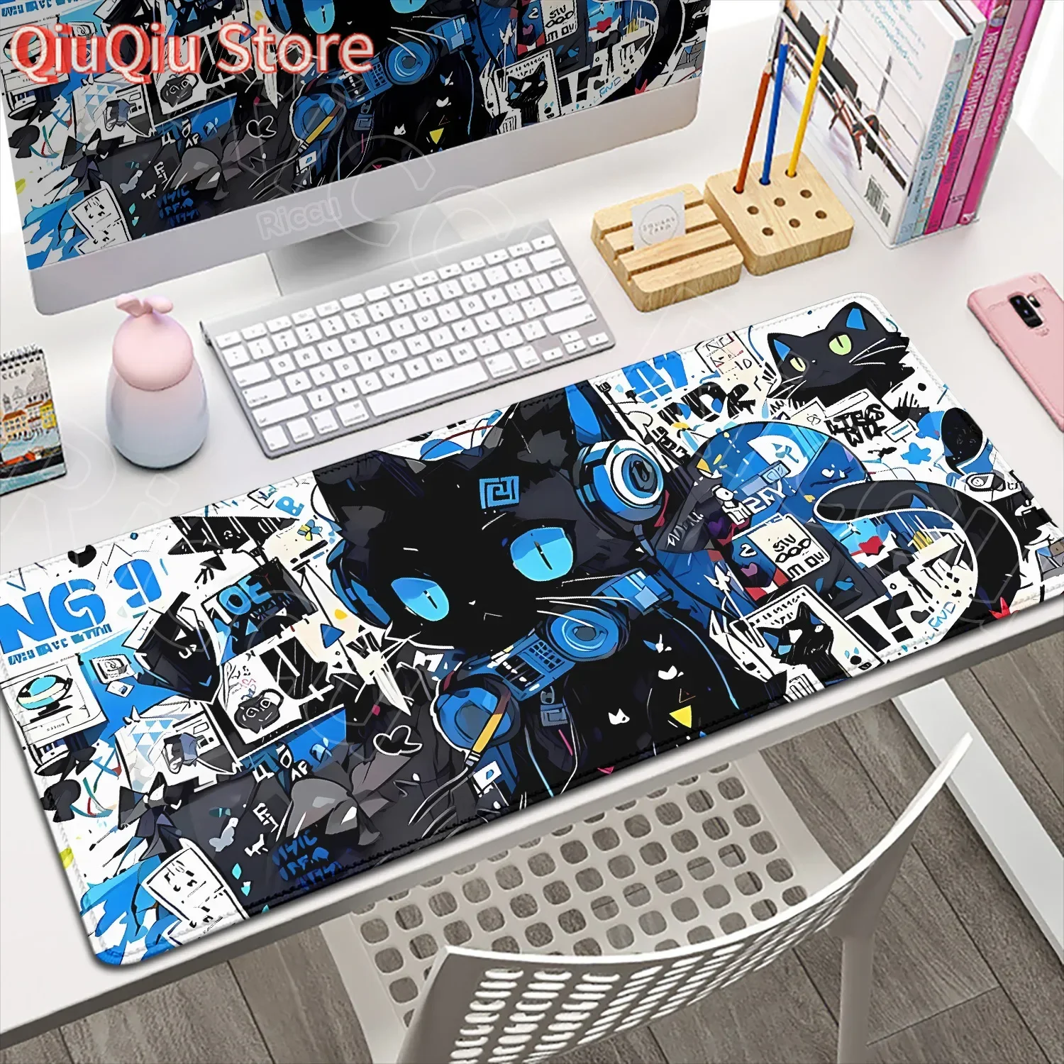 Black Anime Cat Mouse Pad PC Game Mousepad Kawaii Desk Mat Speed Gaming E-Sports Mouse Mat Laptop Large Rubber Keyboard Desk Pad