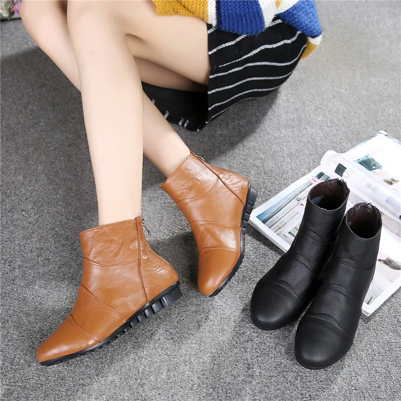 WOIZGIC Women\'s Ladies Female Mother Genuine Leather Shoes Platform Ankle Boots Zipper Autumn Winter Warm Plush Fur Plus Size