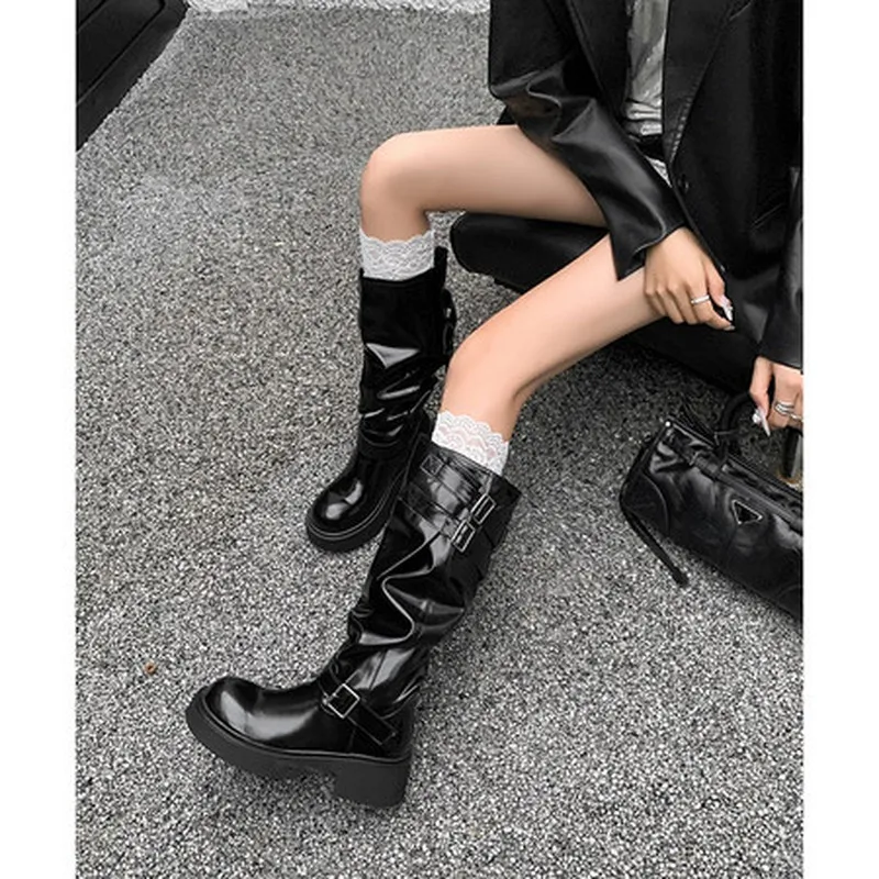 2026 Women Round Toe Buckle Slouch Mid Calf Boots Cow Leather Upper Pigskin Fabric Lining 5CM Platform Rubber Sole Glossy F142