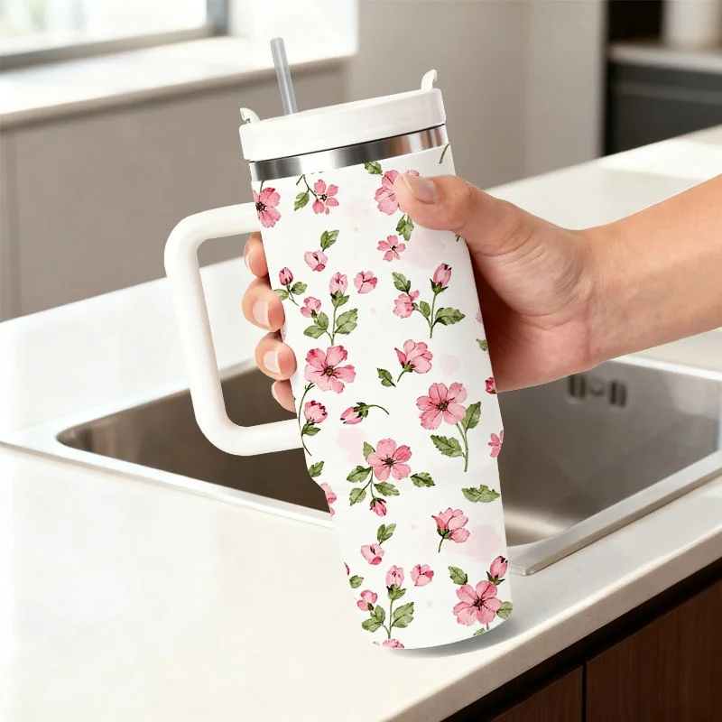 40oz Insulated Tumbler with Cherry Blossom Cup - Pink Design & Green Print, Leakproof Suitable for Daily Commute, Outdoor, Gym, Office, Travel, Water for Home Use, Hand Wash Only