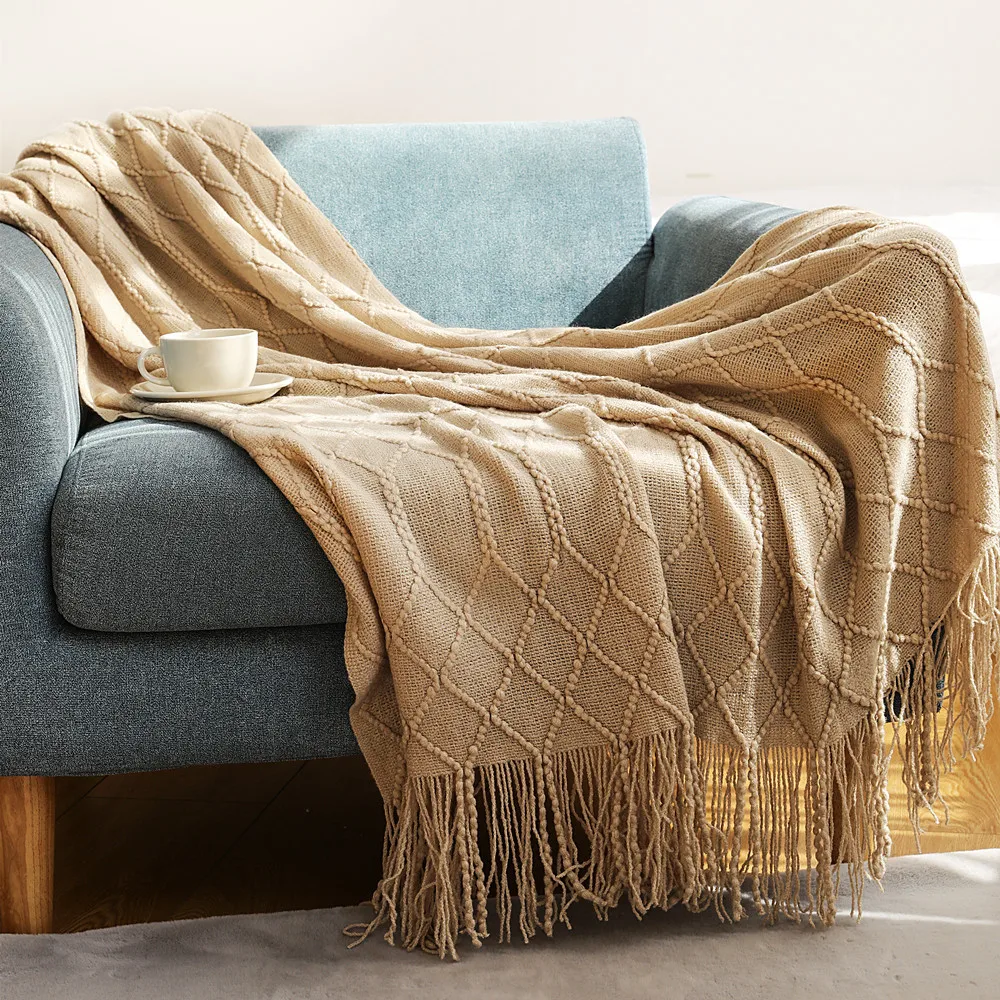 Khaki Faux Cashmere Knit Throw Blanket with Tassels Lightweight Nordic Decorative Farmhouse Style Blankets Spring Summer Gift