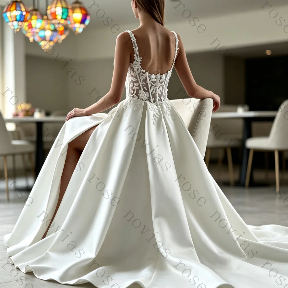 Customize Square Neck Wide Strap Satin A Line Wedding Dress Corset Lace Side Panel High Slit Chapel Train Civil Bridal Gown