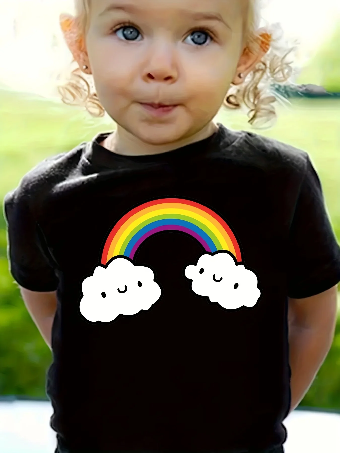Smiley Cloud Rainbow Print Kids Tee Boys Girls Family Matching Short Sleeve Soft Breathable Parent Child Daily Comfort Tops