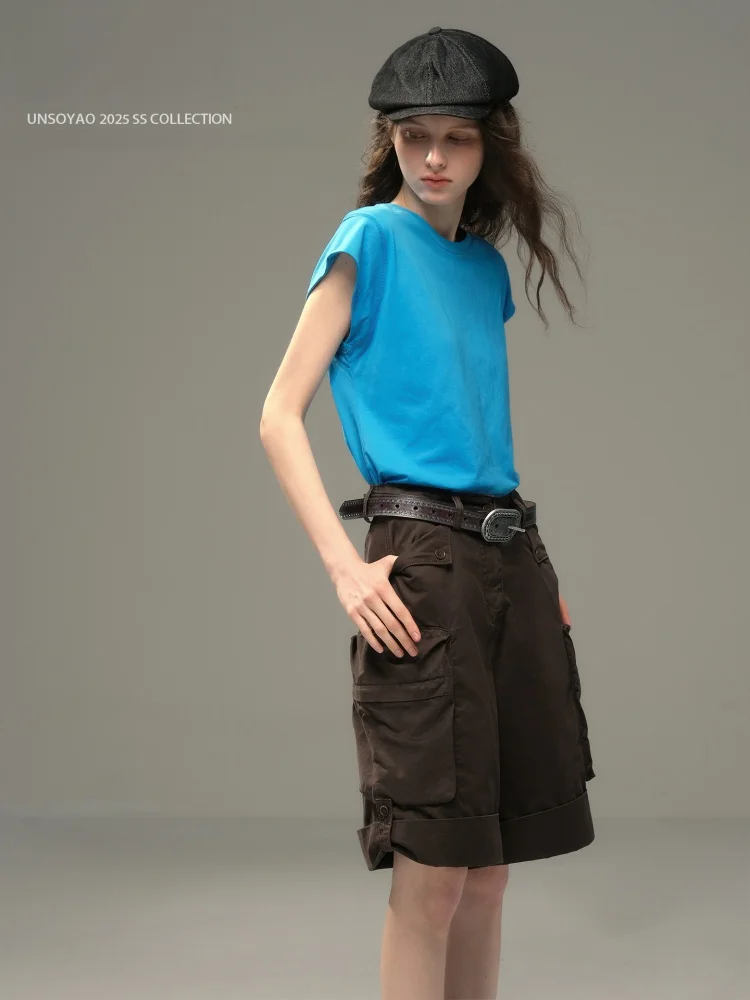 

UNSOYAO 25SS Mountain Fog Island: Повседневные рабочие шорты из хлопка с 5 карманами, 3D-дизайном и прямым кроем, на талии с высокой посадкой