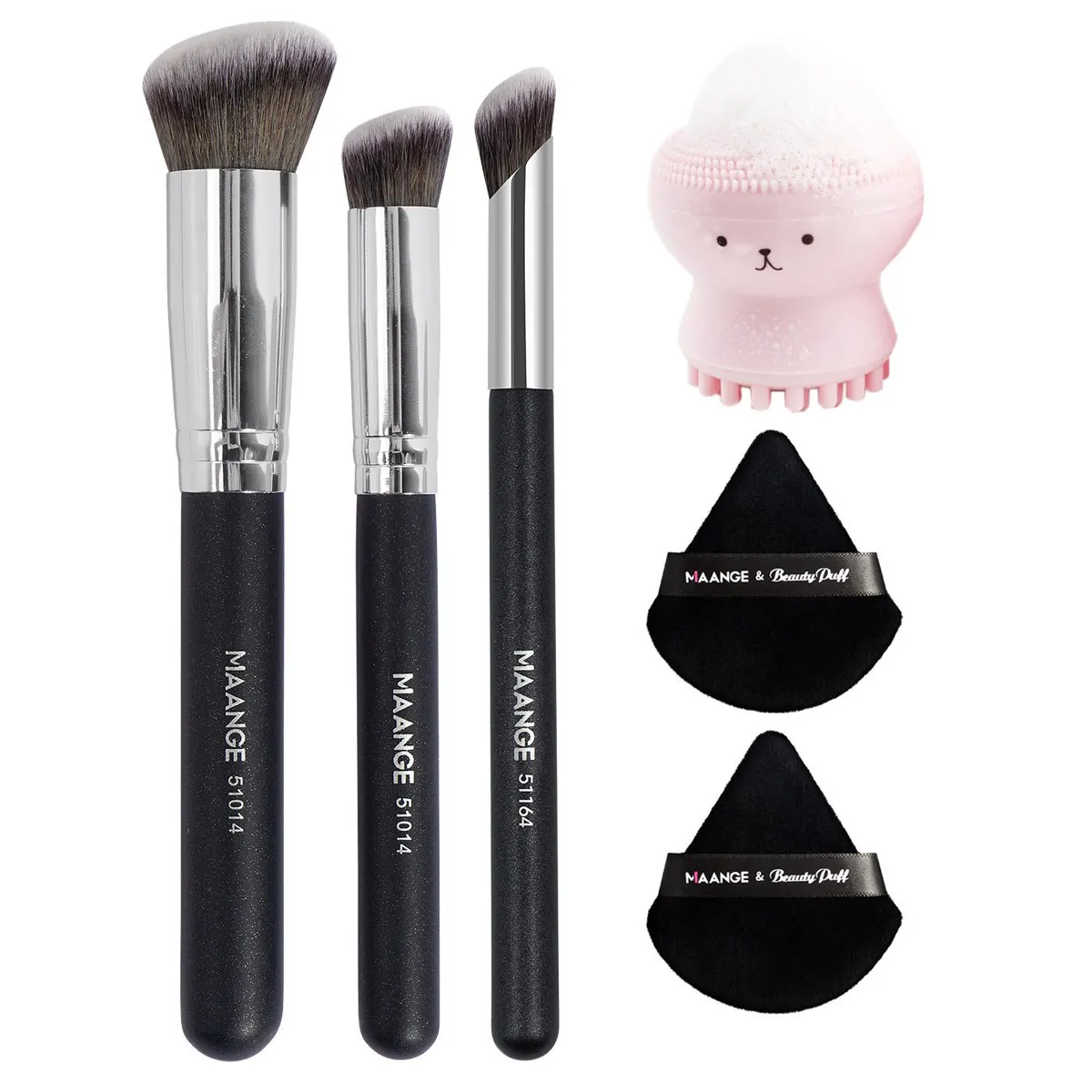 MAANGE 6PCS Makeup Tools Kit 3PCS Makeup Brush with 2PCS Powder Puff  for Foundation Concealer Blush Facial Cleaner Brush