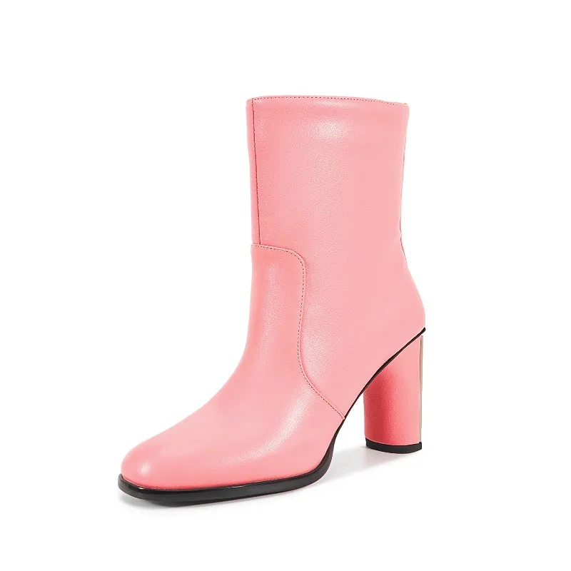 

European AndAmerican Light Luxury Nichemetal High-heeled Sidezipper Round Toeshort Boots Forwomen's Fashion Retroversatile Style