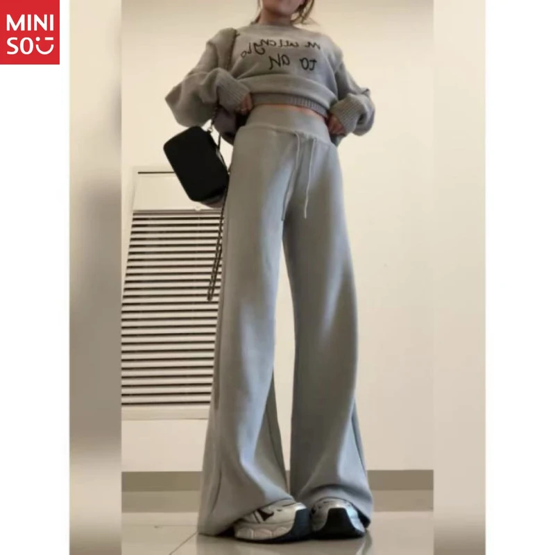 Celana Jogger Fleece Miniso Ukuran Besar, Celana Pinggang Elastis Lembut, Celana Olahraga Model Flare 2025
