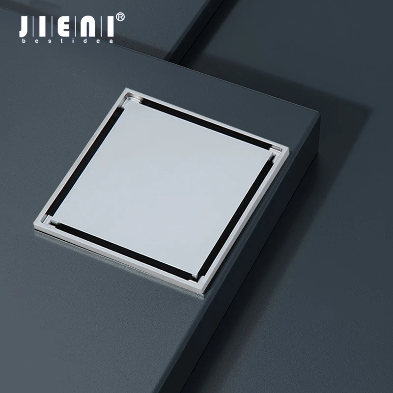 JIENI Black Invisible Floor Drain Brushed Gold Bathroom Balcony Use Solid Brass Rapid Drainage Tile Insert Square Drains 10*10cm