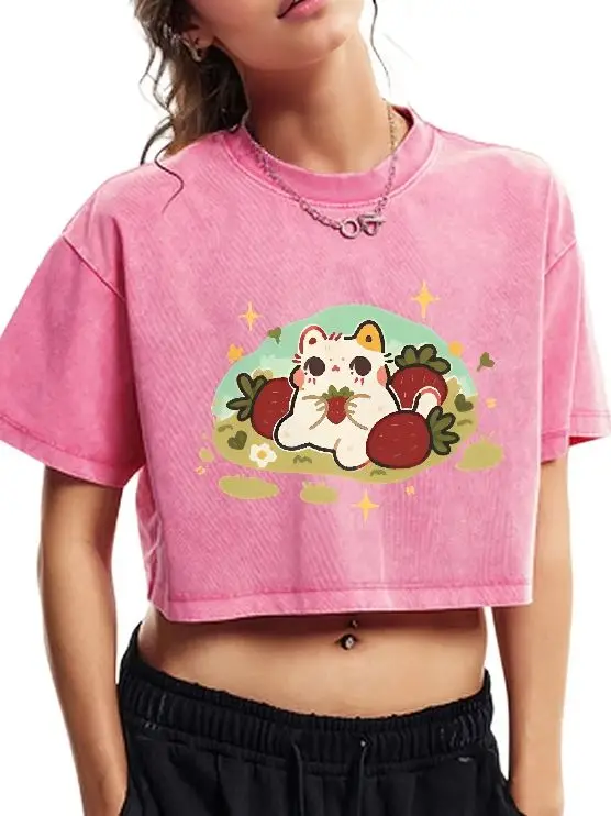 

Cute Hand-Painted Cat, Short Women's T-Shirt, Y2k Graphic Tee, Hand-Painted Bunny Art, Korean Style Summer Top, Oversized Fit