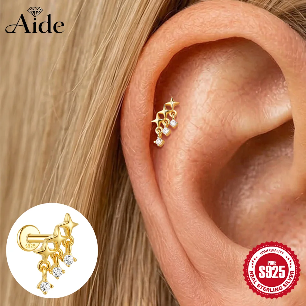 AIDE 1PC 925 Sterling Silver Classic Glossy Star Tassel For Women 16G Cartilage Helix Flat Back Piercing Earrings INS Party Gift