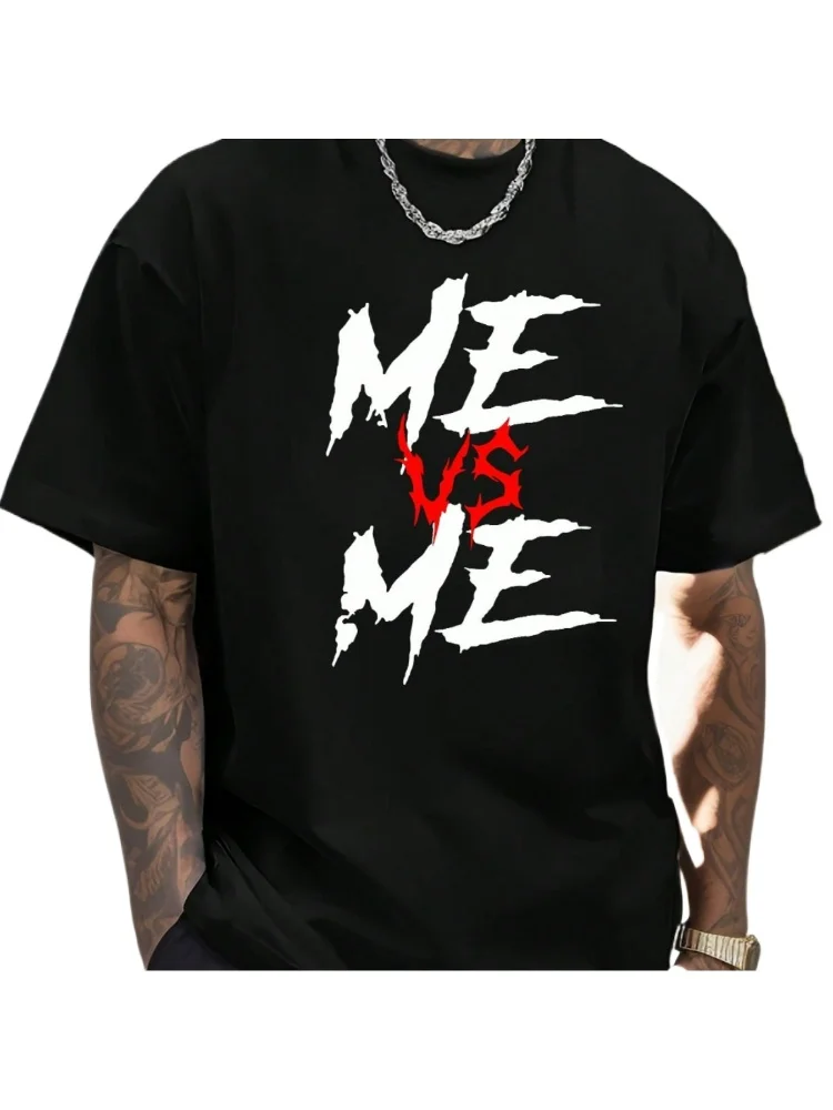 

Men's "ME VS ME" cotton T-shirt-black, with red and white patterns, casual round neck and short sleeves.