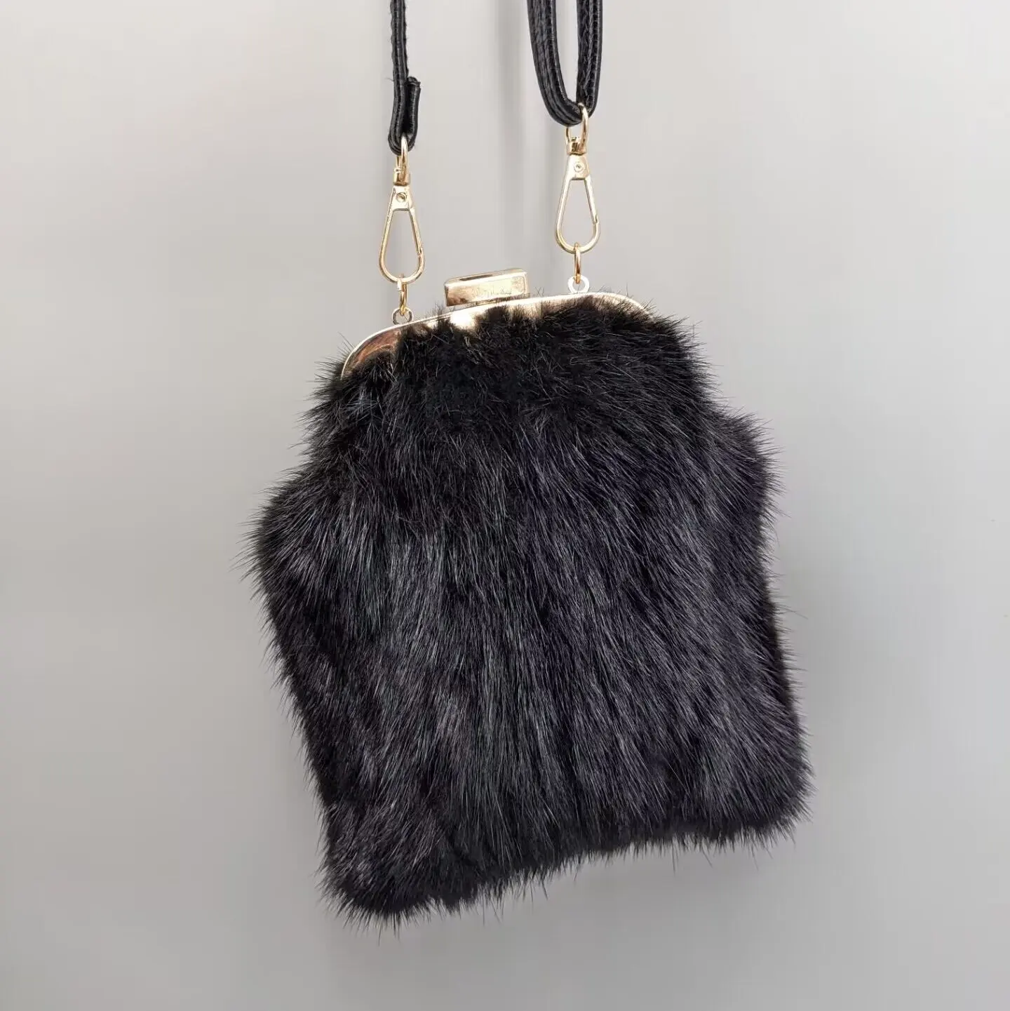 Women Black Real Mink Fur Mini Phone Bag Adjustable Strap Fluffy Genuine Fur Crossbody Purse 23A0801
