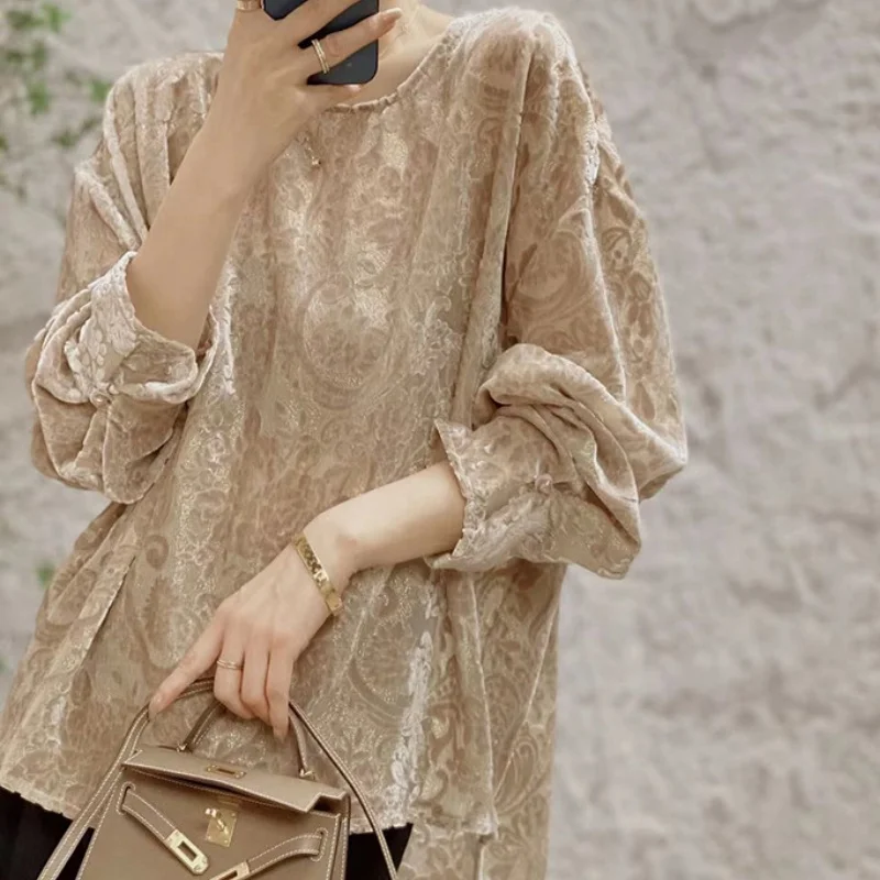 Camicetta Jacquart con o-collo kaki moda coreana donna primavera autunno nuova camicia da donna di fascia alta a maniche lunghe allentata