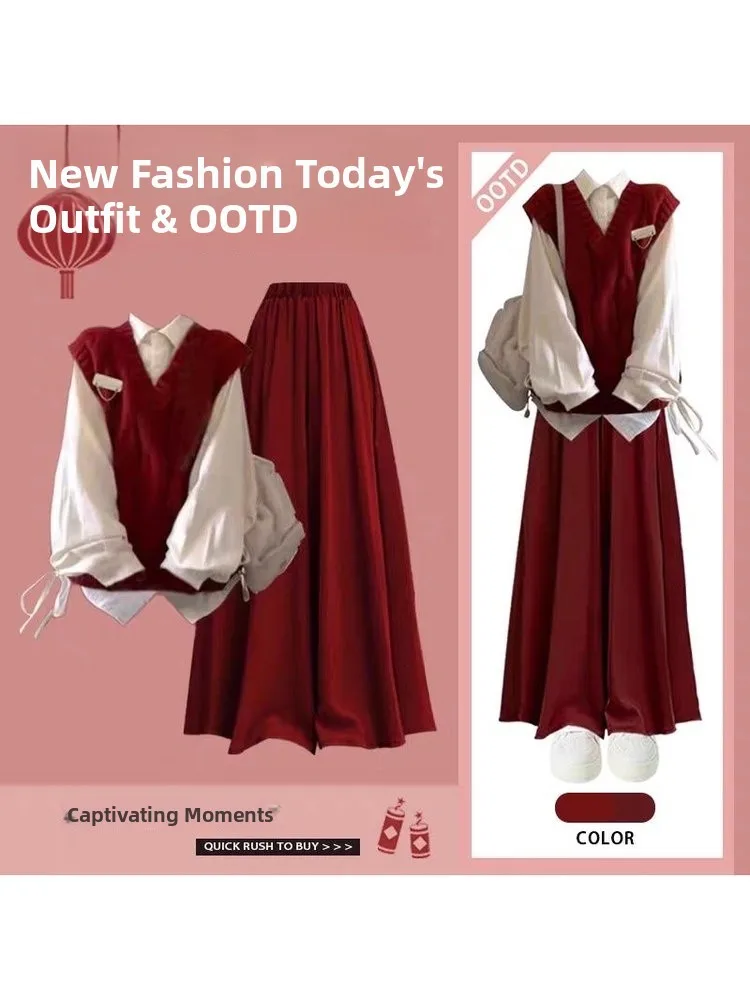 

New Year Knitted Red Sweater Vest Set Double Layer Wear College irt Loose Fit Two Piece Set Korean Sle Battle Costume