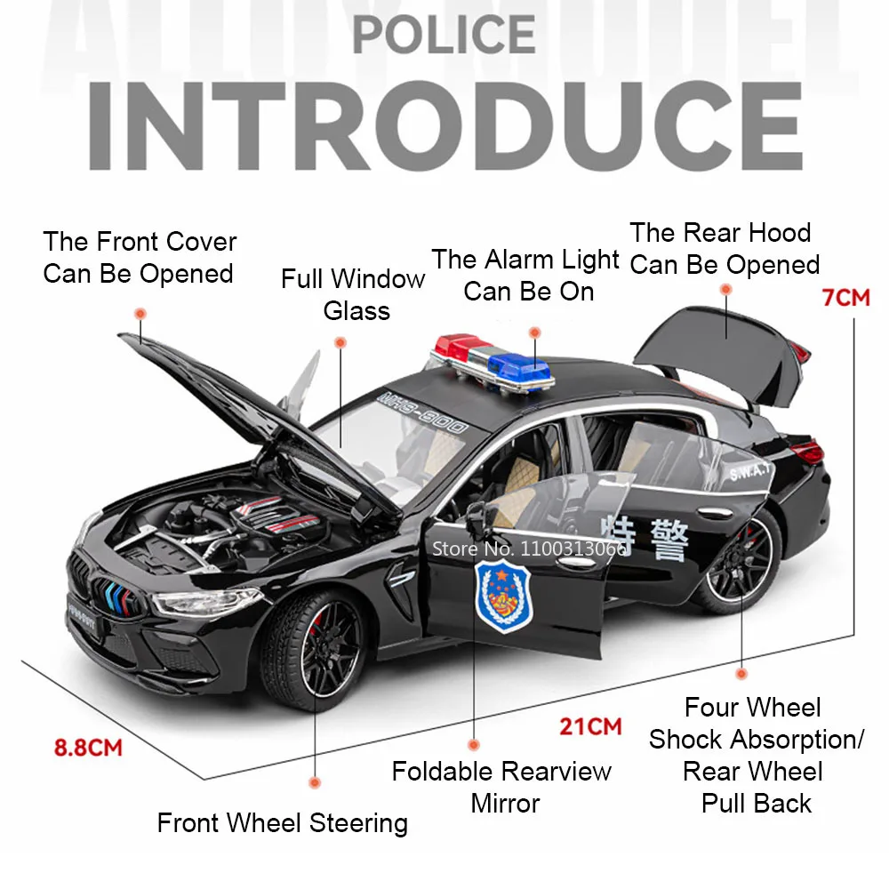 1/24 Scale M8 Police Cars Toys Alloy Diecasting Models 6 Doors Opened Car Model with Light Music Vehicles Perfect Gifts for Boys