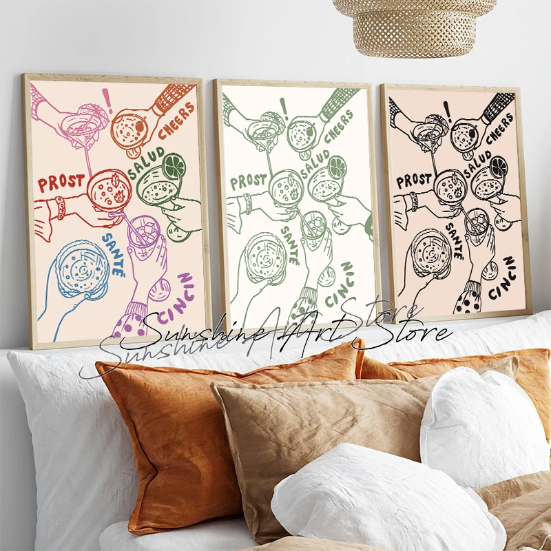 Retro Cheers Bar Cart Colorful Cocktail Drawing Champagne Wine Art Cheers Friends Poster Canvas Painting Wall Picture Home Decor