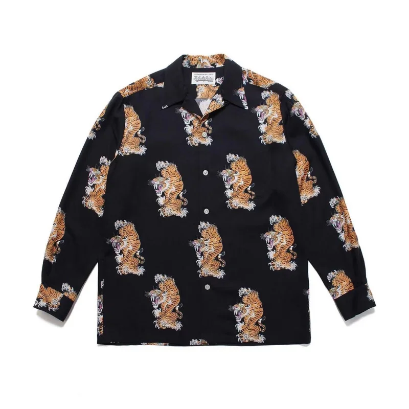 Autumn Winter Multicolour WACKO MARIA Tiger Digital Print Mens Womens Classic Hawaii Long Sleeve Shirt Loose Casual Brand Shirt