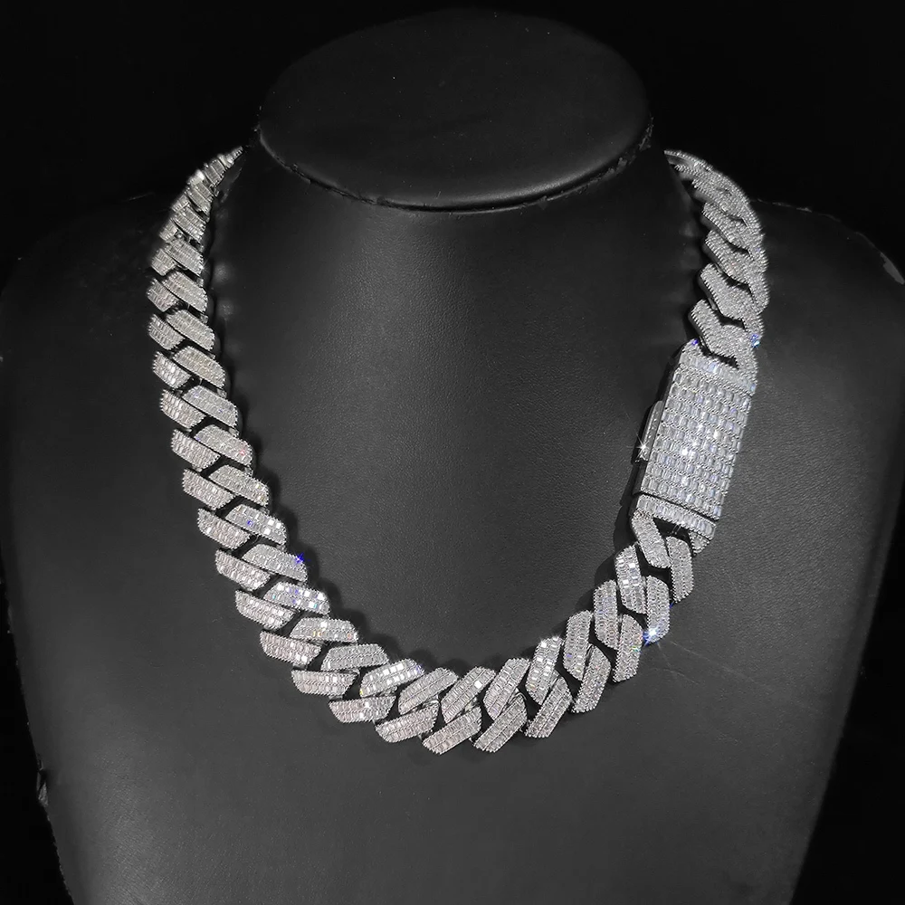 

New Style 20mm Baguette Cubic Zirconia Prong Cuban Chain Necklace In White Gold Iced Out Hip Hop Jewelry Cuban Link Chain