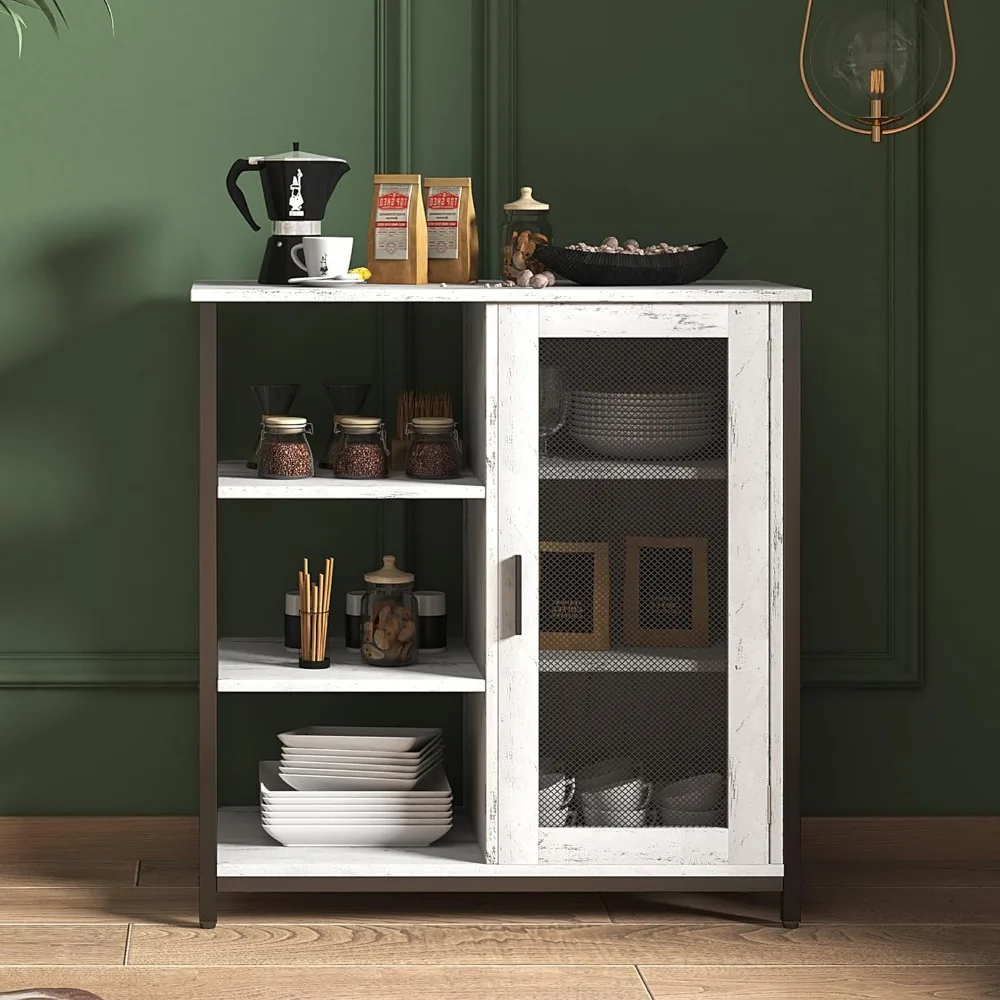 Buffet Cabinet with Storage, Kitchen Storage Cabinet, Industrial Farmhouse Barn, Multipurpose Side Console Table (White)