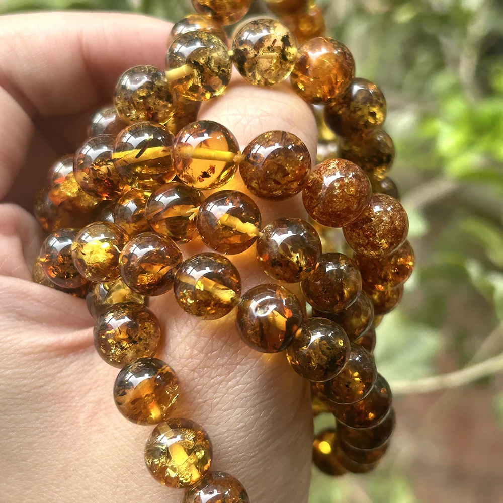 Natrural 8.8mm-10.5mm Genuine Flower Amber Bracelet Round Beads ,Fashion Jewelry for Men and Women Special Gift，Diy Wholesale