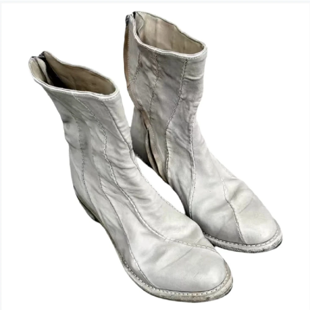 Men's Fashion White Sewing Side Zipper Riding Boots Pointed Toe Thick-Heel Mid-calf Punk Western Chelsea Short Boots
