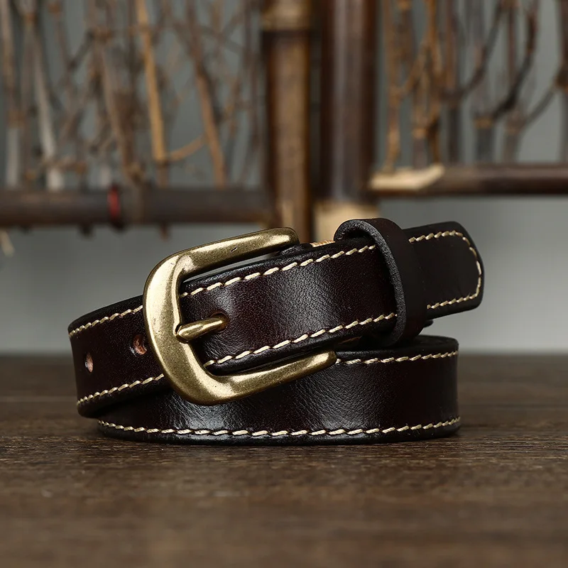 

2.4cm Wide Korean Style Leather Belt for Women Brass Buckle Double Suture Lines Decorative Thin Strap Versatile Jeans Belts